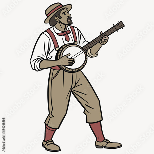 Folk musician playing banjo in traditional clothing