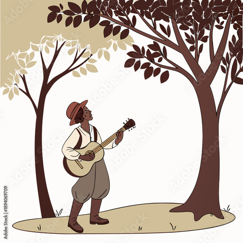 Man playing guitar under trees musician leaves