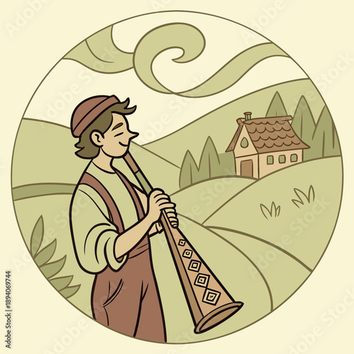 Rural musician playing handcrafted instrument in countryside