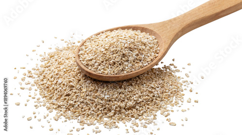 Healthy steel cut oats with wooden spoon isolated on a transparent checkerboard background