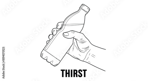 Hand-drawn illustration of a hand tilting an empty glass downward with the word thirst written in bold letters below