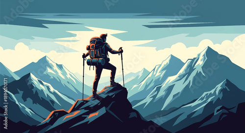 Young man standing on a mountain summit with backpack and hiking gear, modern vector illustration showing global adventure, strength, freedom, and bold outdoor exploration lifestyle