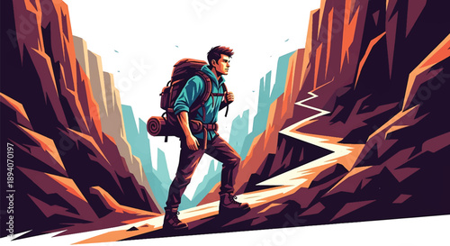 Young man trekking through a deep canyon landscape, modern vector illustration highlighting endurance, exploration spirit, rugged terrain, and adventurous travel lifestyle