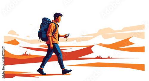 Young man crossing a vast desert with compass and backpack, modern vector illustration symbolizing survival skills, independence, exploration mindset, and global adventure travel