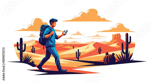 Young man crossing a vast desert with compass and backpack, modern vector illustration symbolizing survival skills, independence, exploration mindset, and global adventure travel