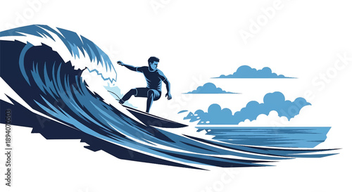 Young man surfing powerful ocean waves, modern vector illustration expressing extreme sport energy, freedom, strength, and adventurous coastal lifestyle