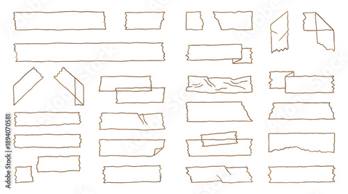 Outline Kraft Packaging Tape Line Icons � Brown Adhesive and Torn Paper Strips