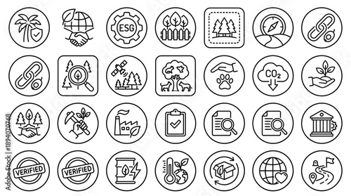 Outline Zero Deforestation Palm Oil Line Icons � Sustainable Supply Chain and ESG Symbols