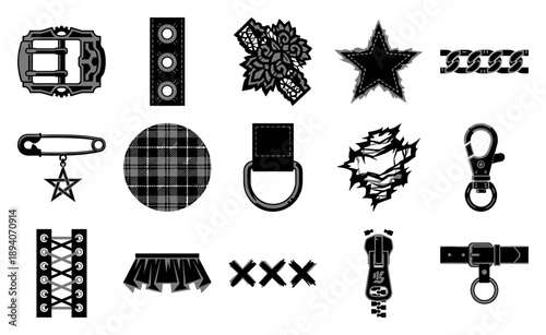 Grungy Punk Rock Graphic Element Kit and Goth Subculture Asset Sheet for Alternative Fashion Design