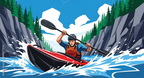 Young man kayaking through wild river rapids, modern vector illustration highlighting extreme water adventure, adrenaline, focus, and outdoor exploration spirit