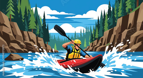 Young man kayaking through wild river rapids, modern vector illustration highlighting extreme water adventure, adrenaline, focus, and outdoor exploration spirit
