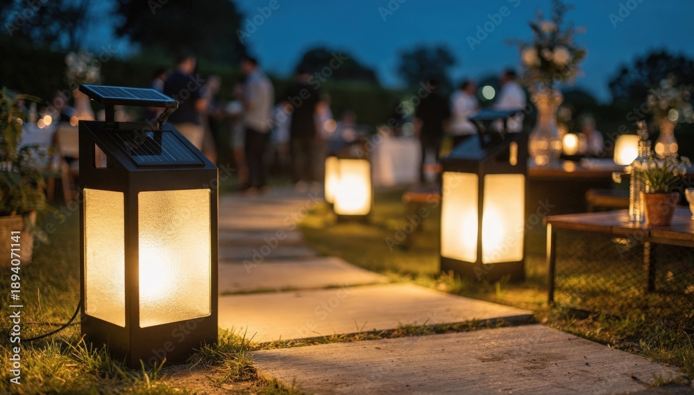 Fototapeta premium Medium shot of solarpowered lanterns illuminating an outdoor event area with the background softly blurred to emphasize ecofriendly lighting.