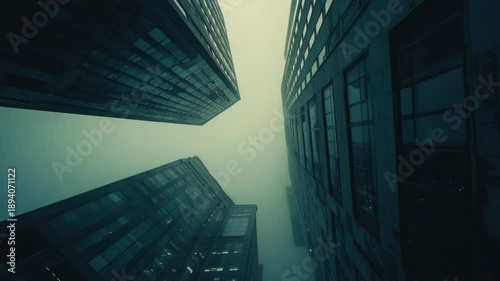 Video Tall buildings in a foggy city at night, great for use as a background or establishing shot