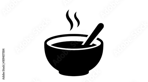 Black icon of a bowl with soup and steam, and a spoon, on transparent background
