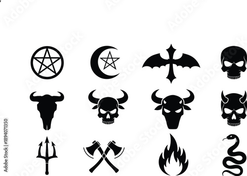 Collection of satanic and occult symbols in black silhouette