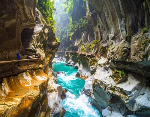 Deep gorge featuring a turquoise river, a wooden pathway and surrounding rock formations and lush foliage