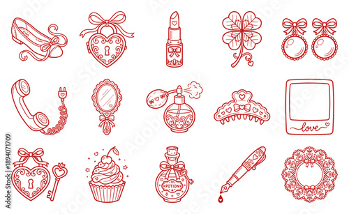 Coquette Aesthetic Girly Vintage Elements Set for Romantic Scrapbooking and Stationery Design