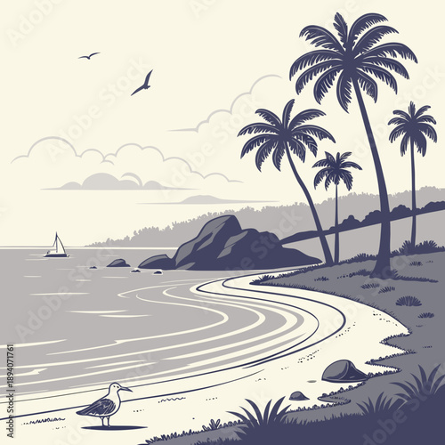 Serene Calm Coastal Bay Landscape Vector Illustration