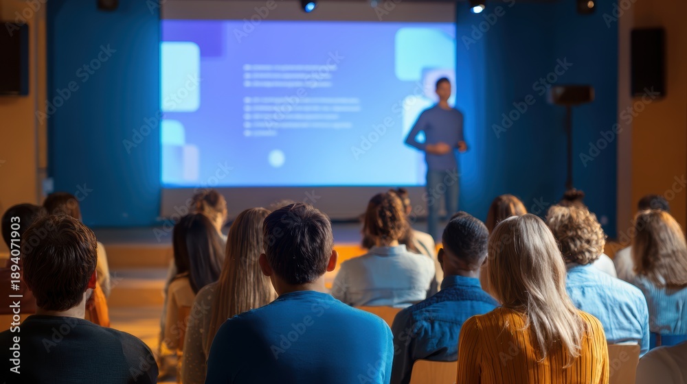 Obraz premium Audience watches presentation on screen with speaker at a conference or lecture