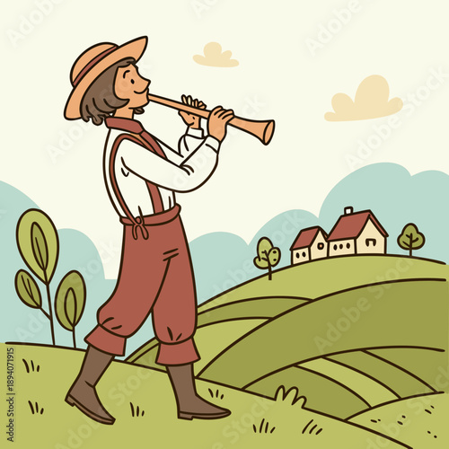 Traditional musician playing trumpet on green hill
