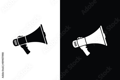 Black and white megaphone icon set on split background