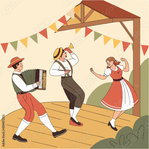 Traditional german folk dancers and musicians on stage