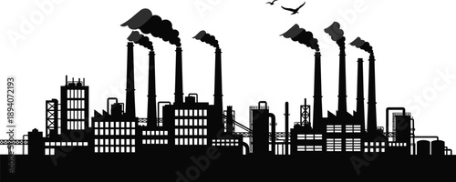 Industrial factory skyline silhouette with smoking chimneys illustrating pollution, manufacturing plants, urban industry environment, and heavy production concept isolated on white background