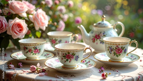 Delicate tea set, floral design, sits on a lace-covered table, amidst roses and sunlight. A tranquil scene for afternoon tea