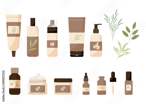 Set of cosmetic products for SPA. Cosmetics made from natural ingredients A jars of cream or other cosmetic products. Vector illustration for cosmetology, body and face care. 