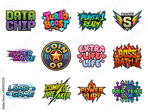 Retro Arcade Comic Style Gaming Badge Element Kit for Esports and Streaming Overlay Assets