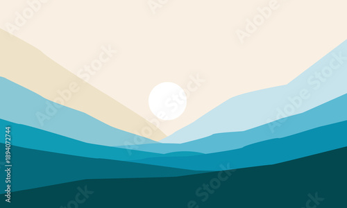 Minimalist vector landscape with layered hills and a sun in a calming color palette (beige, teal, blue). Clean, modern design. 