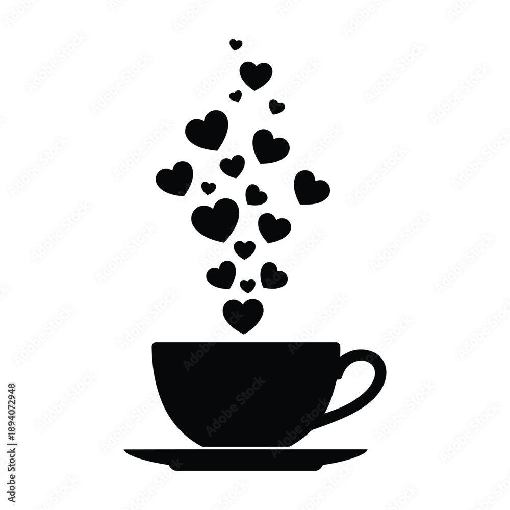 Obraz premium Black silhouette of a cup with hearts steam rising vector illustration