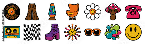 Flat Vector 1970s Retro Groovy Graphic Element Kit for Nostalgic Pop Culture Design Projects