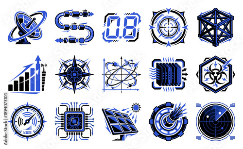 Stylized Blue and Black Aerospace Engineering Graphic Element Kit for Advanced Technology and Radar Systems