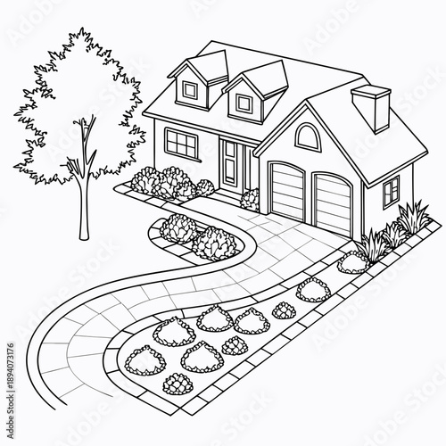 Landscape Blueprint Illustration of Front Yard Driveway Design