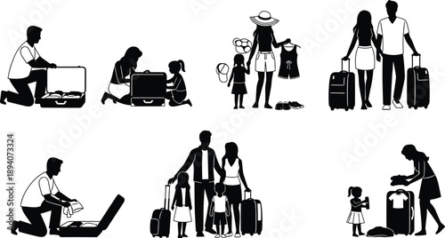 Black silhouette vector illustration set featuring families packing suitcases and traveling together for summer vacation tourism travel agency and domestic lifestyle branding design
