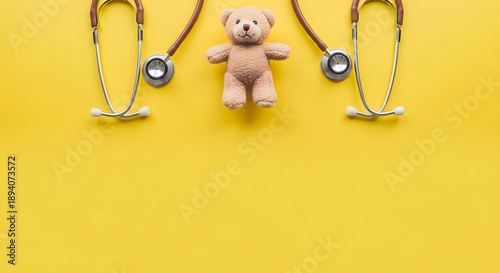Teddy bear adorned with colorful jewelry on yellow background