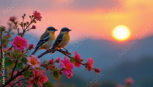birds perched on a branch with vibrant flowers at sunset, position subject on right with copy space on left, optimize for photo use.