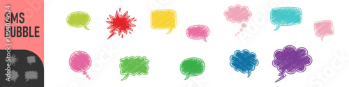 Set of colorful hand-drawn sketchy speech bubbles and thought clouds in a playful comic style on a white background.