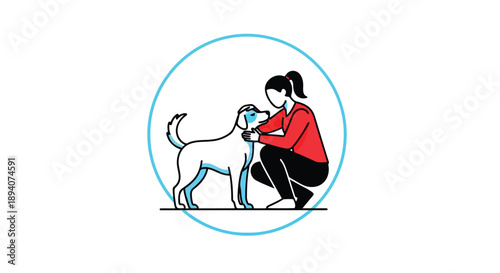 Woman in red shirt caring for her thirsty pet dog by offering fresh water during outdoor activity