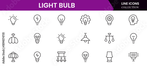 Light bulb idea line icons. Vector electric energy lamps and lightbulbs isolated outline symbols for creative solution, idea, innovation and inspiration concept.