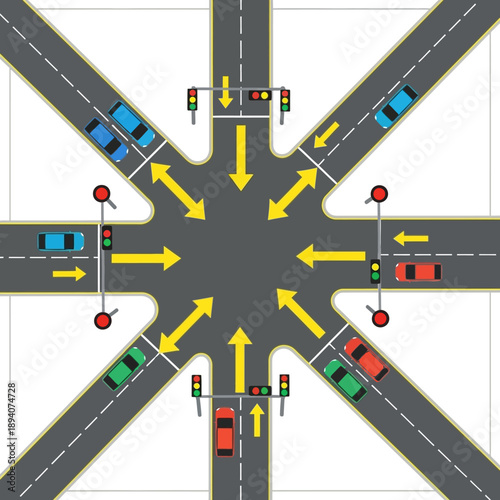 Complex intersection with cars and traffic lights, showing traffic flow directions