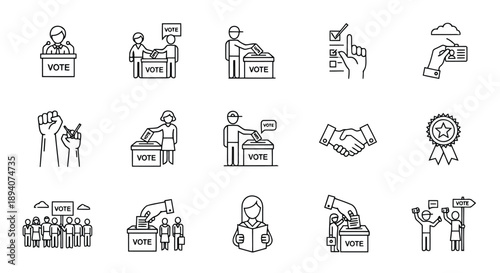 Diverse collection of hand-drawn voting scenes illustrating election participation, civic engagement, and democratic processes in simple line art