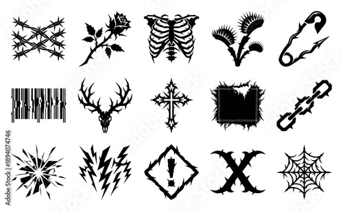 Neo-Tribal Cyber-Sigilism Graphic Element Kit for Y2K Streetwear and Emo Grunge Aesthetic