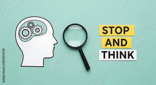 Conceptual image representing careful consideration and analysis with a magnifying glass focusing on the importance of pausing before action