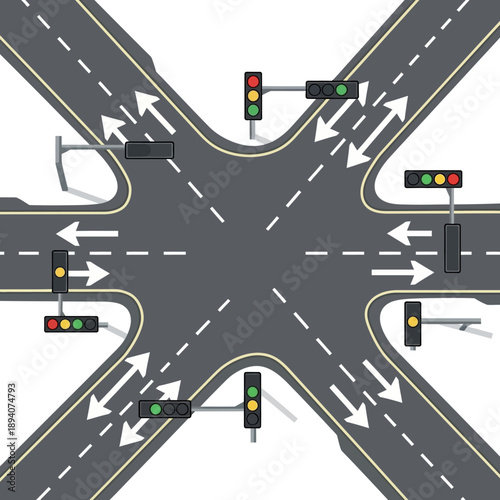 Aerial View of Crossroad Intersection with Traffic Lights and Arrows