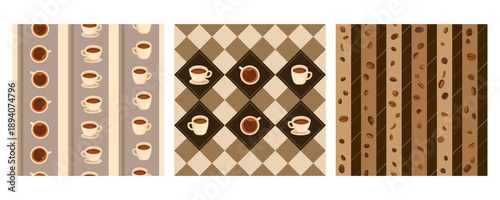 Repeating pattern background design with coffee beans and cups illustration set. Fabric print, paper and wallpaper
