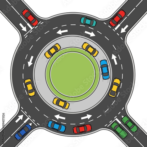 Roundabout traffic flow, cars navigating intersection, traffic circles, driving concept