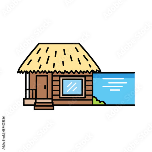 Tropical Bungalow with Thatch Roof and Swimming Pool Icon.