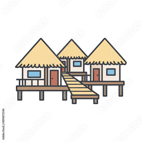 Tropical Bungalows on Stilts Connected by Wooden Walkway.